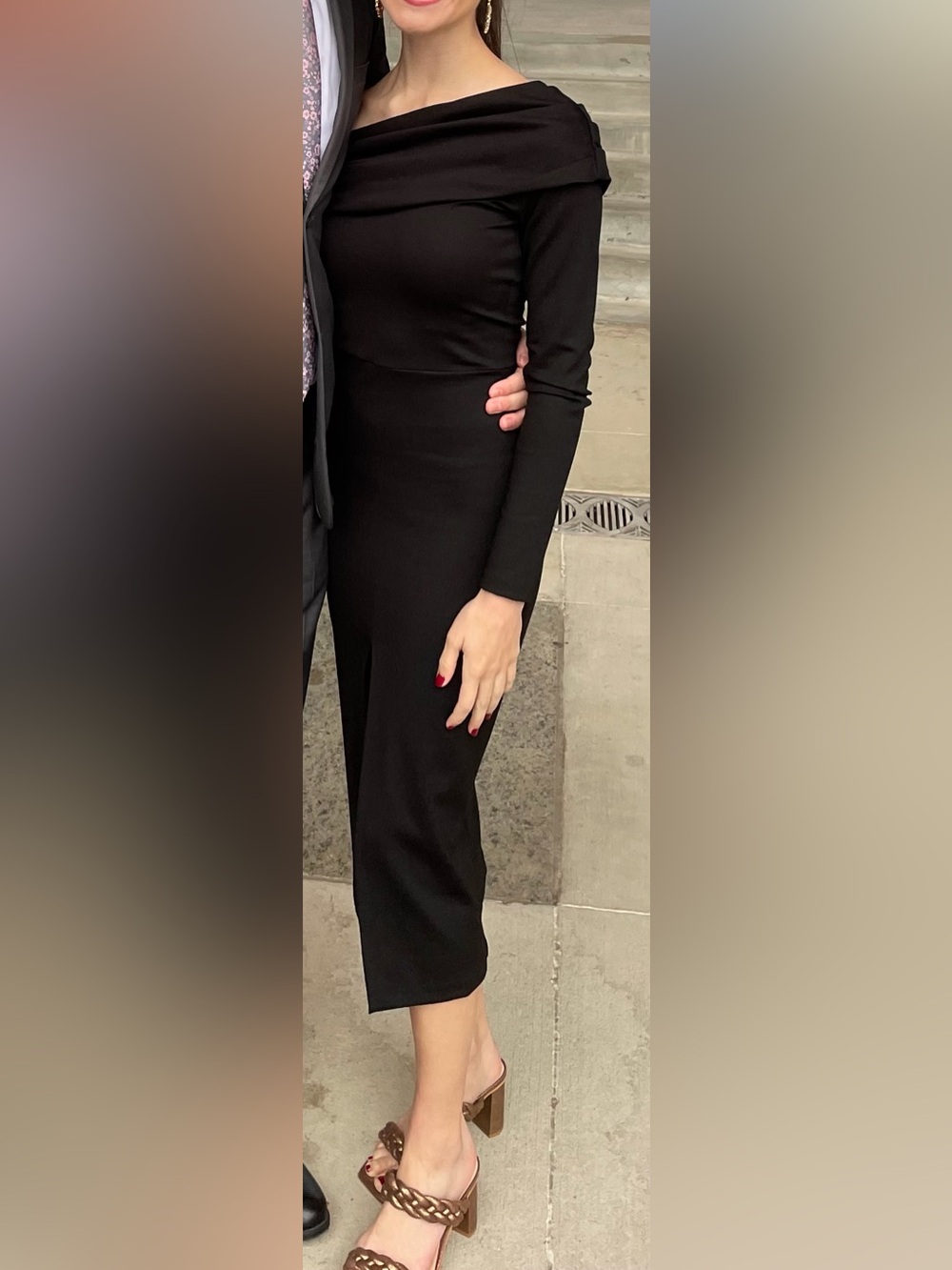 Amanda Uprichard Black Off-Shoulder Long Sleeve Midi Dress